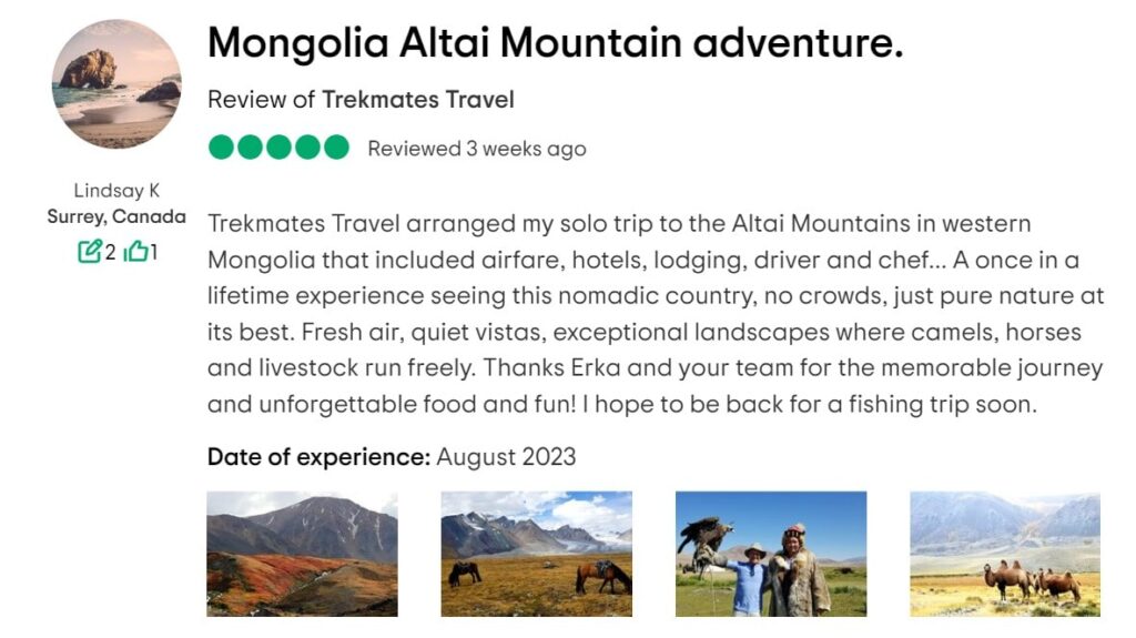 client review on one of our Mongolia Altai Tours