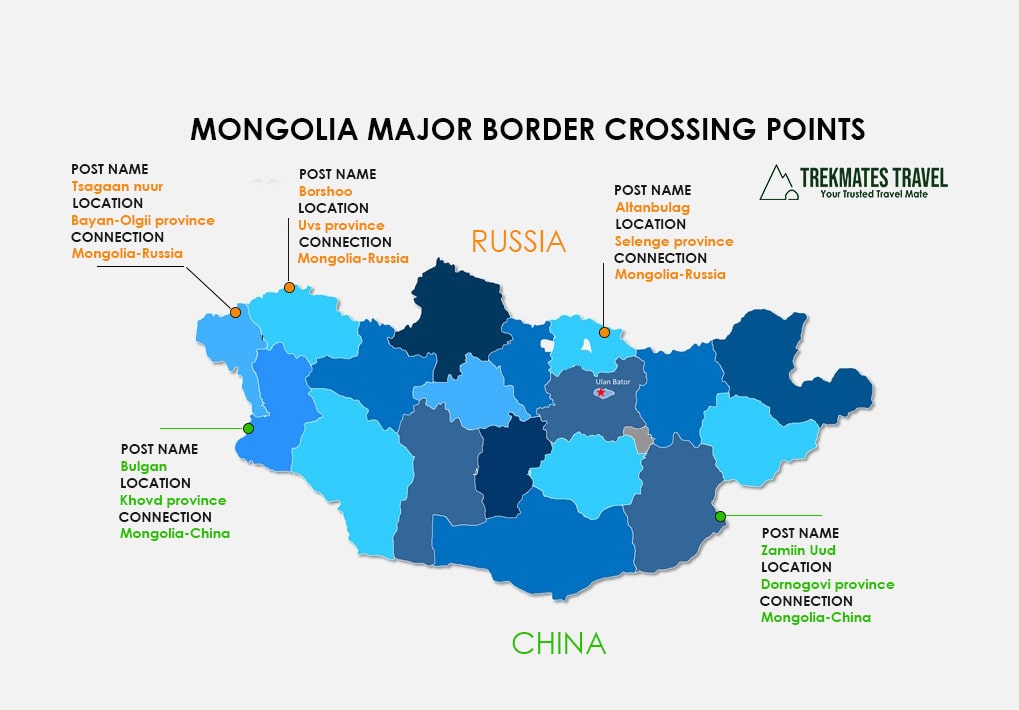 map for border crossing points to Mongolia