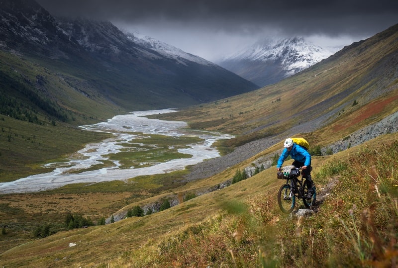 biker in the wilderness of Altai Tavan Bogd National Park