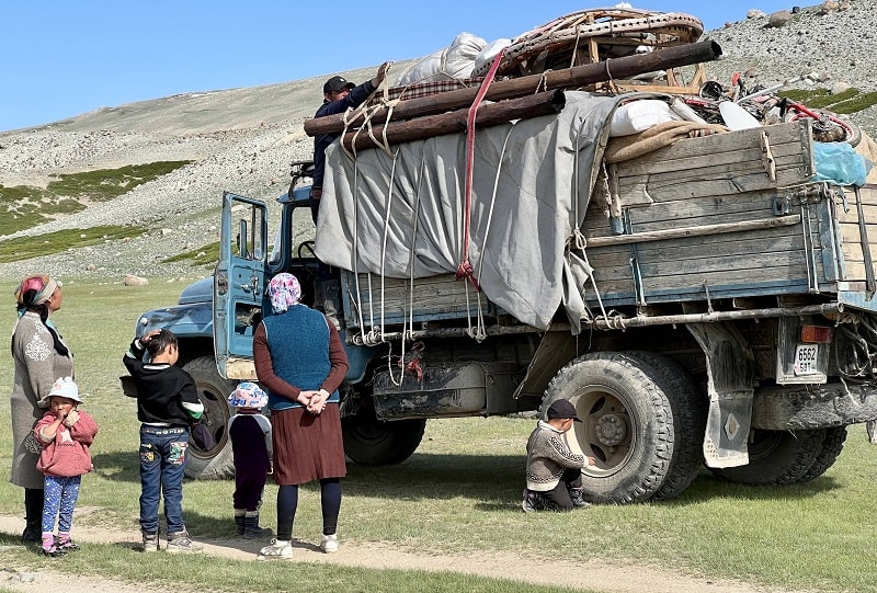 Kazakh herder family moving to their summer camp