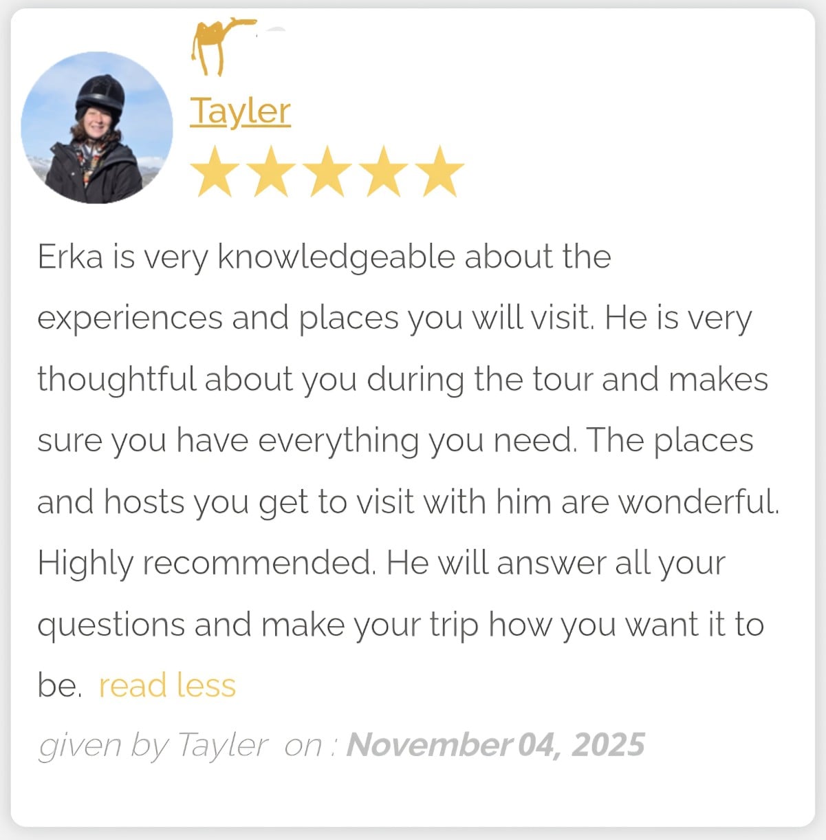 review by Tayler about our eagle hunting tour